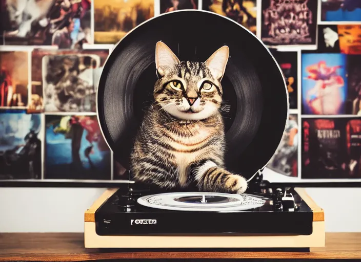 Image similar to photography of a Cat sitting on a record player. in a room full of posters, photorealistic, raining award winning photo, 100mm, sharp, high res