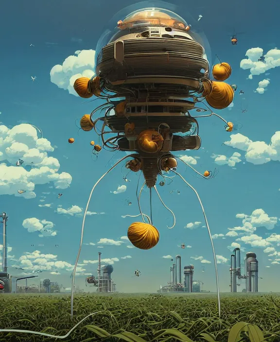 Image similar to simplicity, inflated industrial plant made from isopod wasp octopus, in the style of spaceship, overgrown with orchids, partly cloudy, somber, dramatic lighting, by geof darrow, bill sienkiewicz, dan mumford, yusuke murata, makoto shinkai, ross tran, cinematic, unreal engine, cel shaded, featured on artstation, pixiv