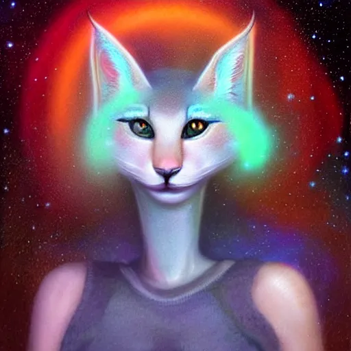 Image similar to cute fluffy caracal, futuristic iridescent clothing, wormhole, nebula, black hole, aries constellation, multiverse, neon god of city character portrait, in the style of margaret keane, moebius, tom bagshaw, and waterhouse, cinematic lighting, beautiful, elegant, oil painting