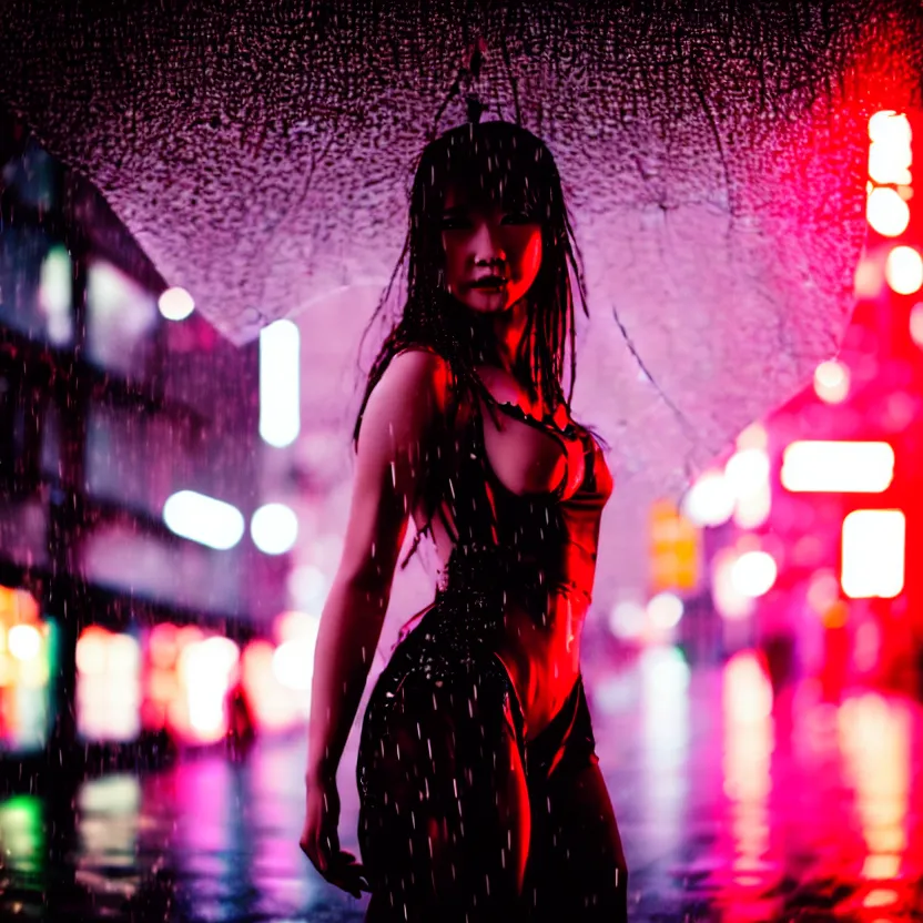 Image similar to a photo close up cyberpunk woman dancing in the rain, cyberpunk hiroshima, prefecture streets, sunset, photorealistic, cinematic lighting, highly detailed, bokeh, style by tomino - sama