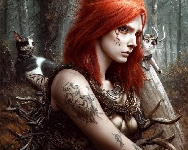 Image similar to 5 5 mm portrait photo of an armored gorgeous aesthetic redhead woman warrior with a face tattoo and antlers growing from her head and cat on her shoulder, in a magical forest in the style of luis royo. art by greg rutkowski. highly detailed 8 k. intricate. lifelike. soft light. nikon d 8 5 0.