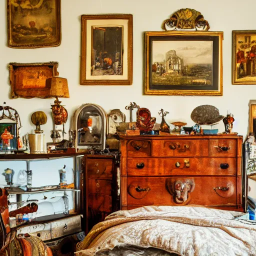 Image similar to ultra-wide shot cluttered room with antiques