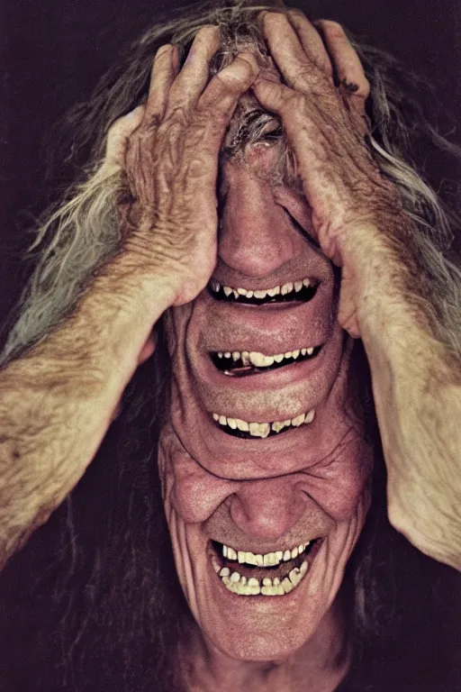 Image similar to a old laughing old man with 3 heads and 6 eyes, long hair, hanging upsidedown by annie leibovitz