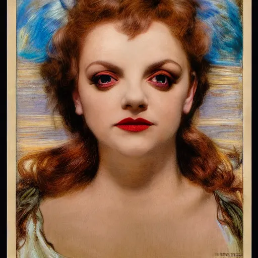 Prompt: portrait of a hybrid of a hybrid of judy garland and lady gaga and christina ricci, with downward slanting eyes, with a brown fringe, holman hunt, john william waterhouse, kilian eng, rosetti, john everett millais, william holman hunt, 4 k