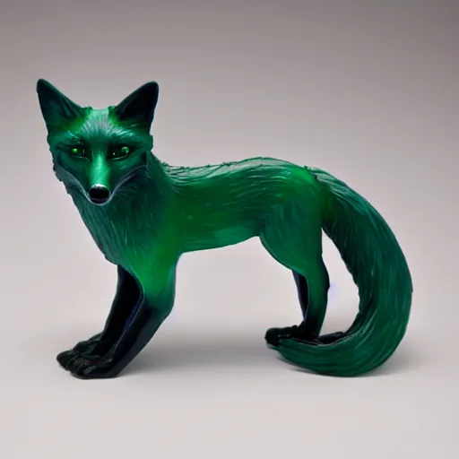 Image similar to Emerald Fox sculpture with glowing purple eyes