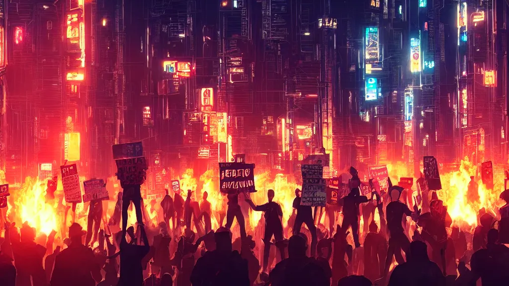 Prompt: angry protesters holding placards, digital illustration by greg rutkowski, fire, android netrunner, nighttime, cyberpunk city background, colored lighting