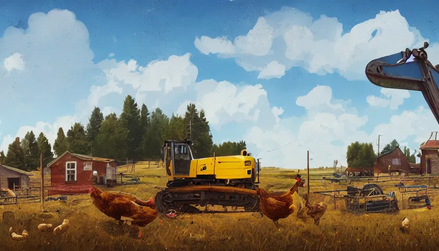 Prompt: a bulldozer accidently knocking over a chicken coop, matte painting, art station, blue sky, simon stalenhag