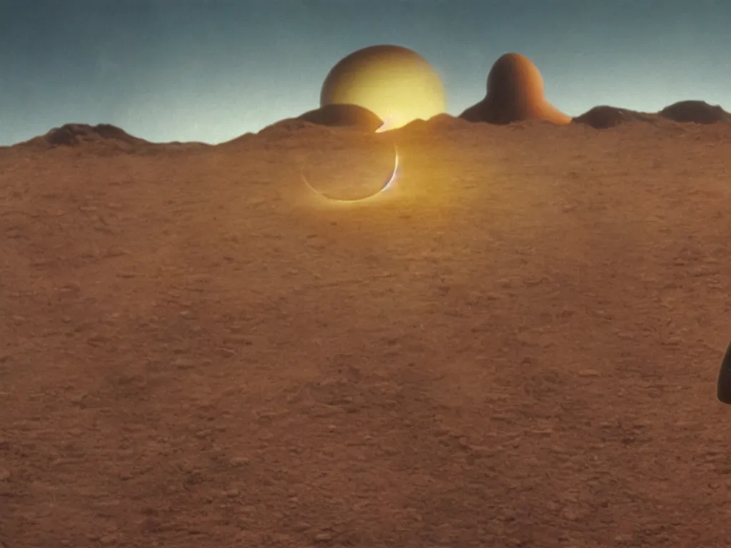 Image similar to glowing bene gesserit in full - face golden glowing mask in a black rocky desert landscape with alienabandoned city beneath the sand and giant alien spaceship in the sky and solar eclipse by christopher doyle and alejandro jodorowsky, anamorphic lens, kodakchrome, cinematic composition, very detailed photo, 8 k,