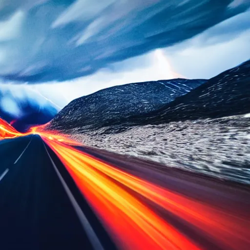 Prompt: nightmarish creatures rushing towards car, black pontiac firebird trans - am driving towards the camera, norway mountains, red glow in sky, valley, large lake, dynamic, cinematic, motionblur, volumetric lighting, wide shot, low angle, large lightning storm, thunder storm