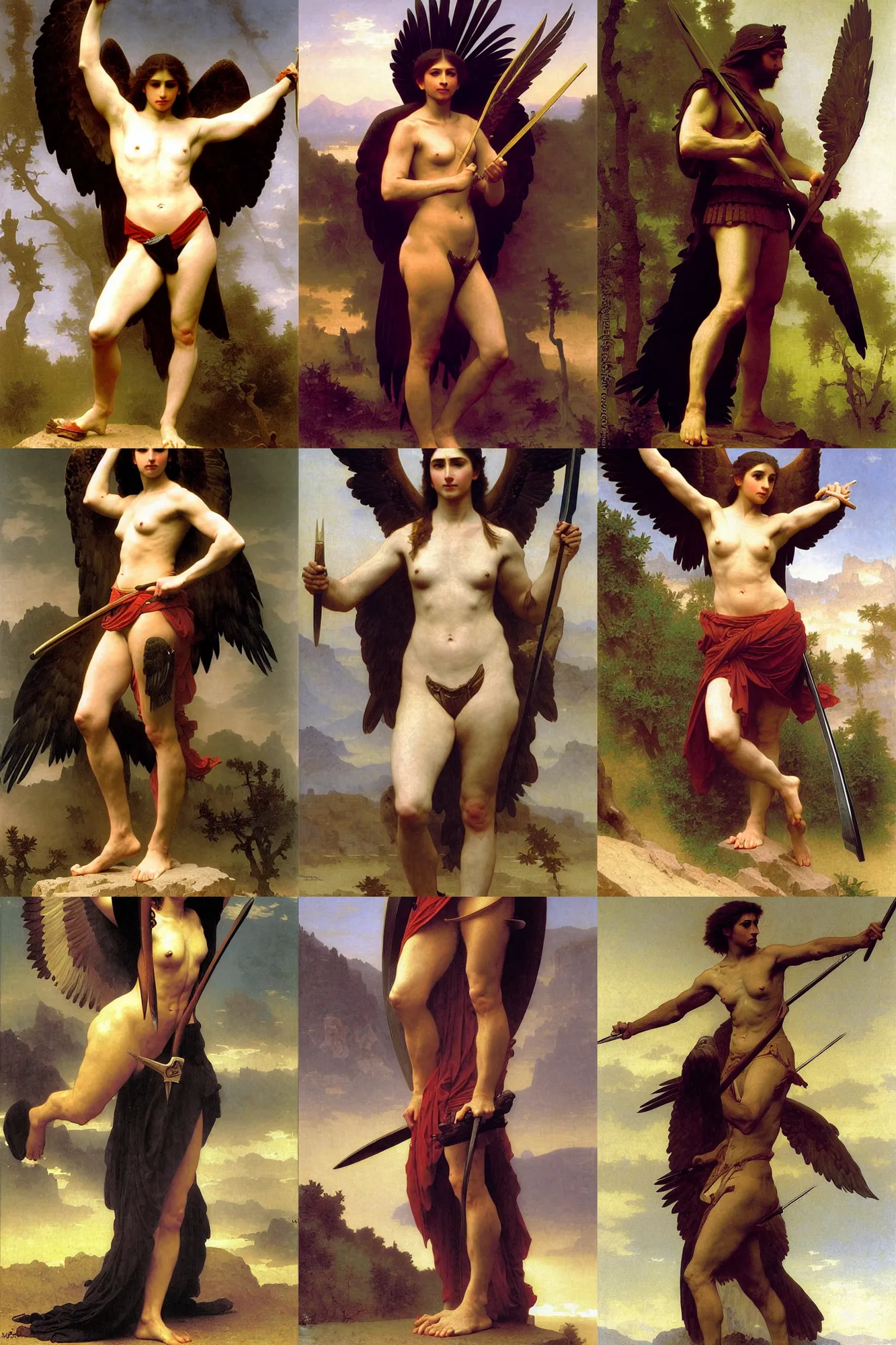 Prompt: full body and portrait of a eagle warrior, majestic, solemn, by bouguereau