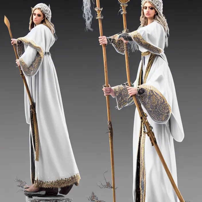 Image similar to photograph of a real-life beautiful air witch with ornate white robes and staff. Extremely detailed. 8k