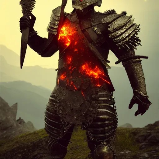 Image similar to full - body - portrait photo brutal nordic warrior, wearing intricate steel armor, holding magical fiery battle - axe, sharp focus, highland landscape with few trees background, magical aura, heroic pose, fantasy style, octane render, volumetric lighting, 8 k high definition, highly detailed, trending on artstation, centered