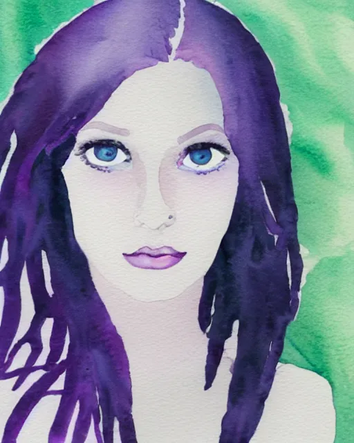 Prompt: watercolor picture of a beautiful young woman in white dress, looking back at the camera, blue eyes, purple hair, high key, watercolor