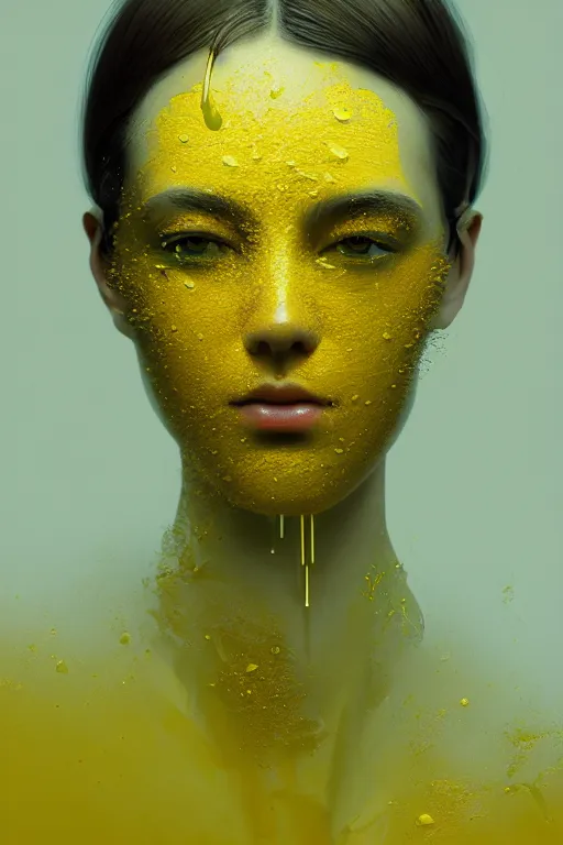 Prompt: 3 d, close - up, liquid white oil, sleepy fashion model, light fog, smoke, poster art, high detail, intricate oil painting, multiple exposure, deep yellow color palette, hyperrealism, 3 d, by tooth wu and wlop and beeple and greg rutkowski
