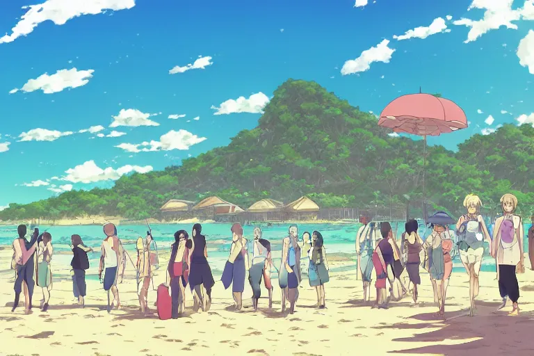 Image similar to cell shaded anime key visual of the beach episode in the style of studio ghibli, moebius, makoto shinkai, dramatic lighting