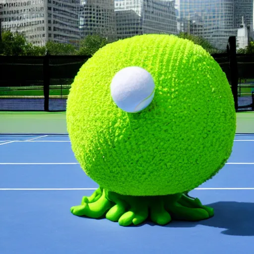 Prompt: a tennis ball monster by jeff koons