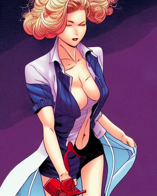 Image similar to comic cover art of a flirtatious supermodel running, inspired by gunsmith cats and clamp, illustration by jenny frison and sana takeda, intricate details, stunning inking lines, stunning gradient colors, 4 k, hd, artstation