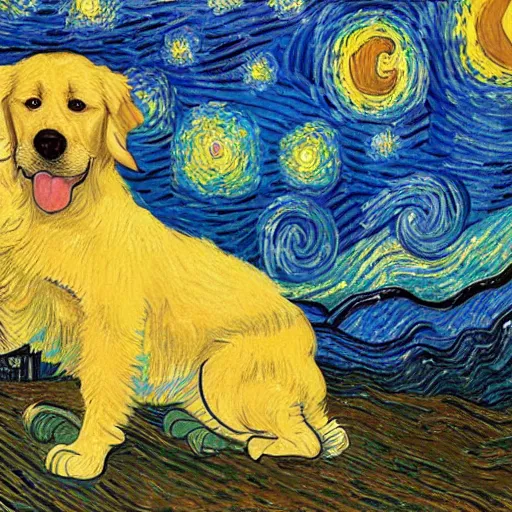 Image similar to painted golden retriever playing in vincent van gogh's starry night