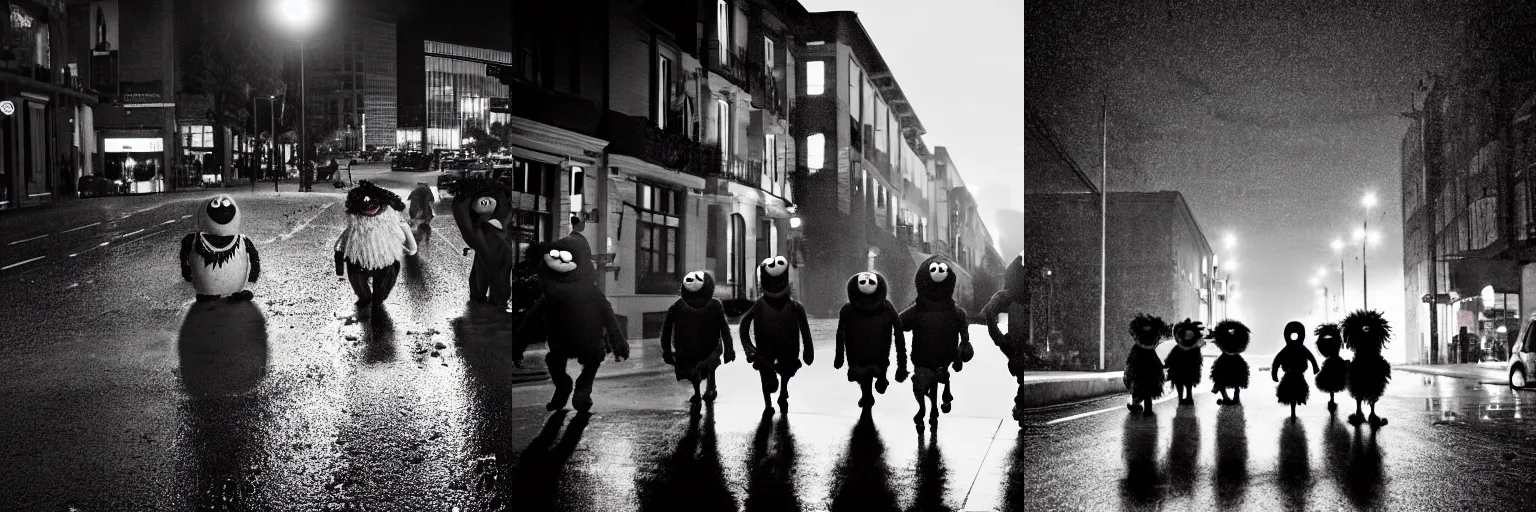 Prompt: Day after raining, a group of muppets go about walking the streets at night. Photojournalism, dramatic lighting, matte, photorealism