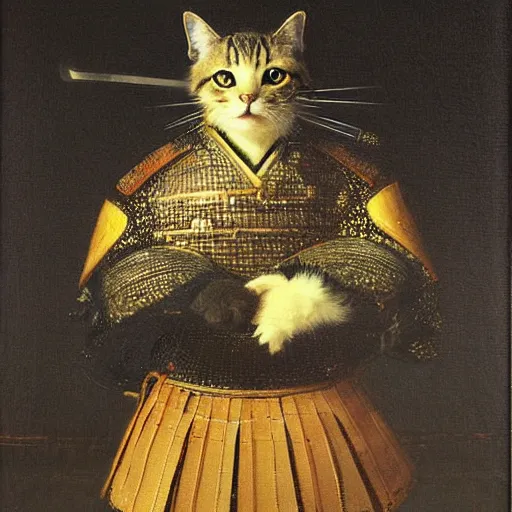 Prompt: a cat samurai in Japanese armour, oil painting, by Rembrandt