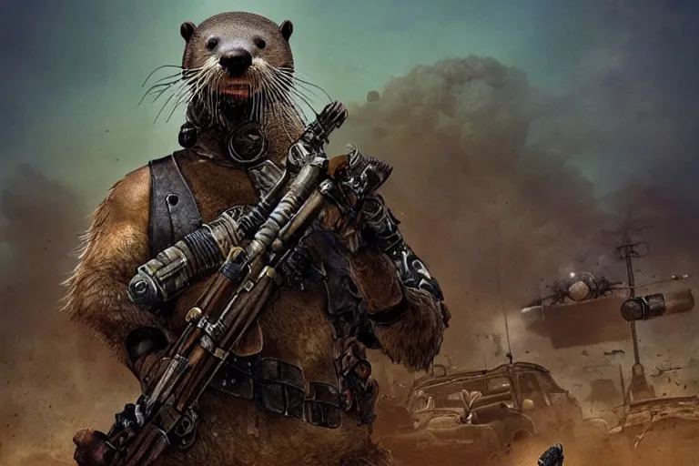 Image similar to a good ol'otter fursona ( from the furry fandom ), heavily armed and armored facing down armageddon in a dark and gritty version from the makers of mad max : fury road. witness me.