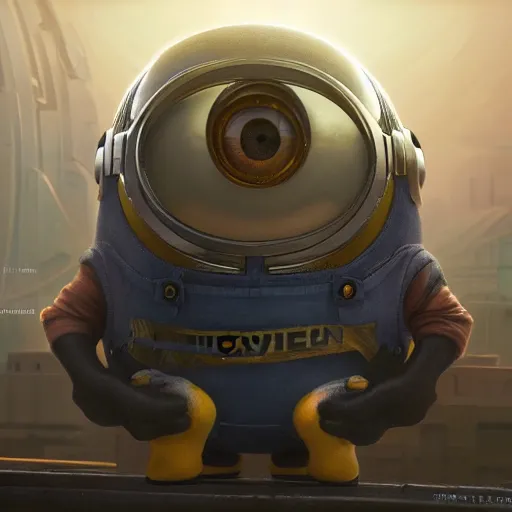 Image similar to Minion from the minion movie in a Starcitizen loading screen, intricate, dystopian, fantasy, extremely detailed, digital painting, artstation, concept art, smooth, sharp focus, illustration, stark lighting, incredible art by artgerm and greg rutkowski and alphonse mucha and simon stalenhag