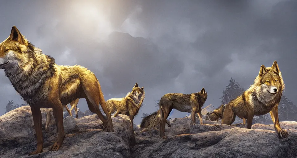 Prompt: wolves and their treasures - golden sculptures of wolves in the mountains - dramatic lighting, highly detailed render, trending on artstation