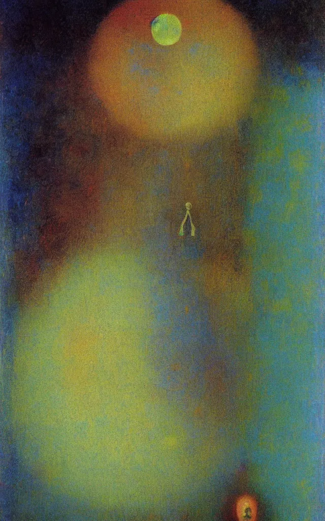 Prompt: iridescent spirit of wrath and fear cruel beautiful spirit with golden eyes lunar mythos ambient fog, award winning oil painting by Odilon Redon, lunar color palette