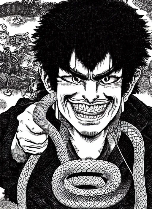 Image similar to portrait of a snake oil salesman by Kentaro Miura, it idn't greasy