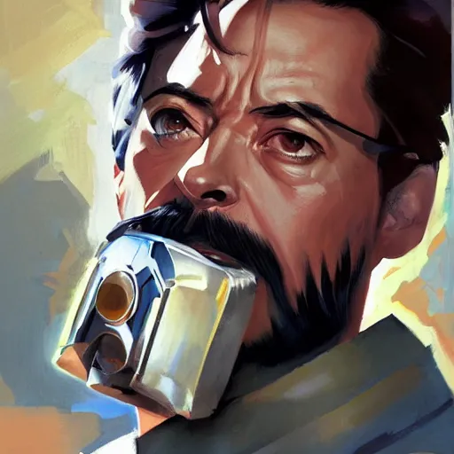 Image similar to greg manchess portrait painting of tony stark as overwatch character, totally whack, medium shot, asymmetrical, profile picture, organic painting, sunny day, matte painting, bold shapes, hard edges, street art, trending on artstation, by huang guangjian and gil elvgren and sachin teng