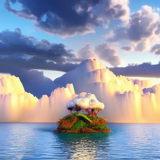 Image similar to floating island landscape over an ocean, lightly cloudy skies above at sunset, hyper realistic 3D beautiful awe inspiring