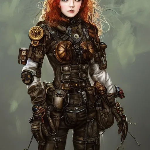 Image similar to portrait of a girl by ayami kojima, scottish, she is about 2 0 years old, wavy redhead, annoying little sister vibes, she is wearing a steampunk tactical gear, highly detailed portrait, digital painting, artstation, concept art, smooth, sharp foccus ilustration, artstation hq