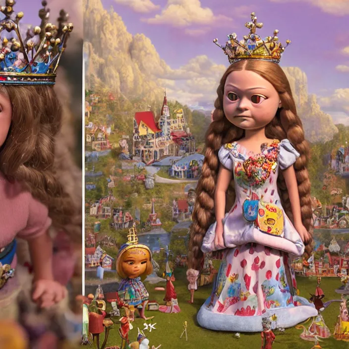 Image similar to highly detailed closeup, face profile portrait of greta thunberg as a tin toy fairytale princess wearing a crown eating cakes, bikini, unreal engine, nicoletta ceccoli, mark ryden, earl norem, lostfish, global illumination, detailed and intricate environment