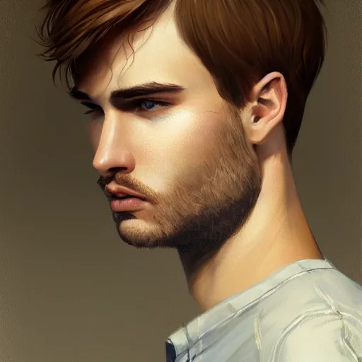 Image similar to tall chunky man in his twenties with brown blond short regular haircut and round facial structure with cleft chin, straight eyebrows, big alert eyes, slightly smiling, cheekbones, straight nose, wider face, shadow of beard, atmospheric lighting, painted, intricate, 4 k, highly detailed by charlie bowater