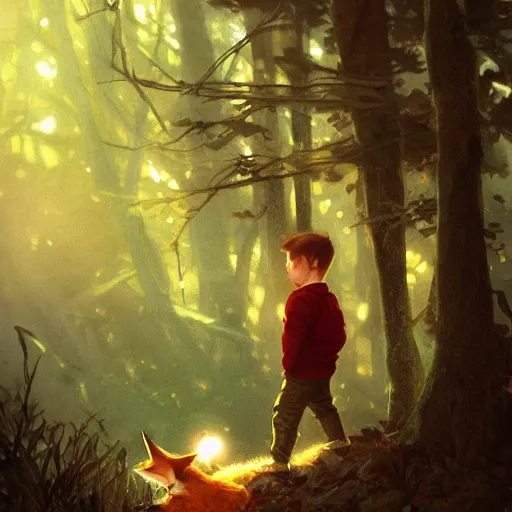 Image similar to a little boy talking to a fox in the woods. highly detailed, digital painting, artstation, concept art, smooth, sharp focus, illustration, cinematic lighting, art by artgerm and greg rutkowski and alphonse mucha