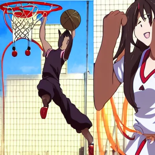 Prompt: a cat dunking a basketball, screenshots from miyazake anime movie