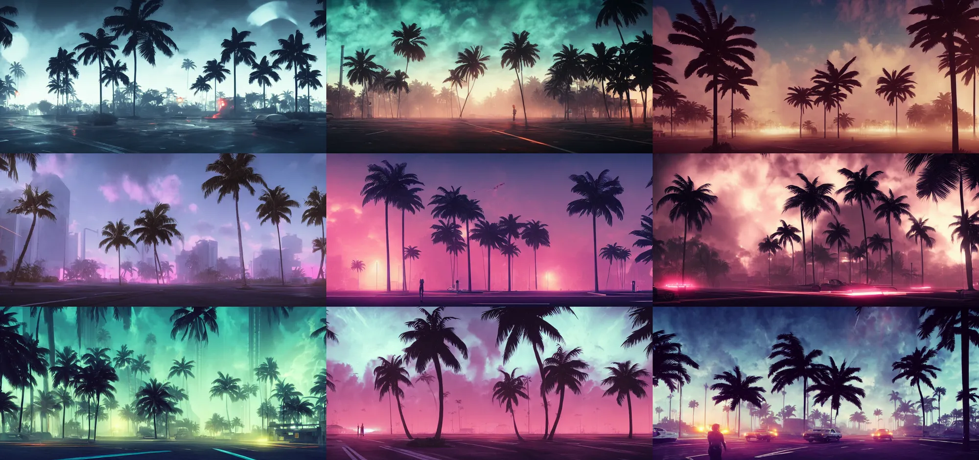 Prompt: beautiful render of dark scene of miami palm trees retrowave synthware neon 8 0 s, surreal, unreal, unreal engine, battlefield, first light, dead soldiers, moor, morning mist, dramatic clouds, gallows, soft light, by greg rutkowski and h. r. giger, cgsociety