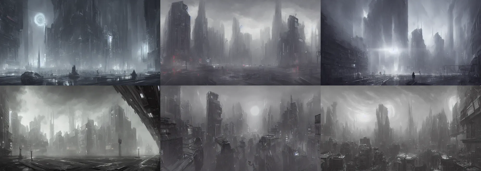 Prompt: bleak grey city with a portal in the center, dramatic lighting, by grek rutkowski, trending on artstation