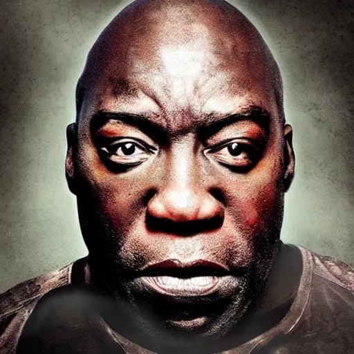 Image similar to angry zombie portrait of michael clarke duncan, an urban background szene, grimdark horror, stylized digital illustration, radiating a glowing aura, global illumination, ray tracing, hdr, fanart arstation by ian pesty and katarzyna bek - chmiel