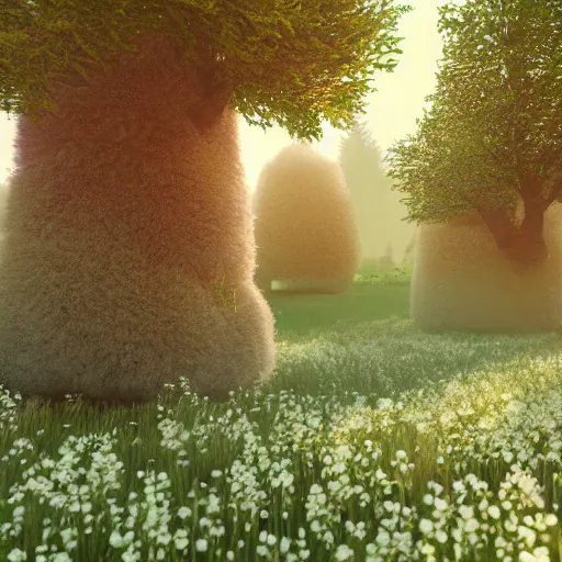 Prompt: Furry trees in a flowery meadow, 4K octane render, volumetric lighting