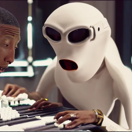 Image similar to cinematic film still of Pharrell Williams Making A Beat with an anthropomorphic alien, Japanese VFX, 2018, 400mm lens, f1.8, shallow depth of field,film photography