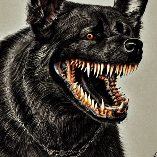 Image similar to venom dog version, ultra realistic, highly detailed, photorealism, scary, intricate detail, high res, textures, extremes, dark, twisted, black, wiry, superhero, antihero, powerful, teeth, licking tongue, dog, hair, german shepard trending on artstation