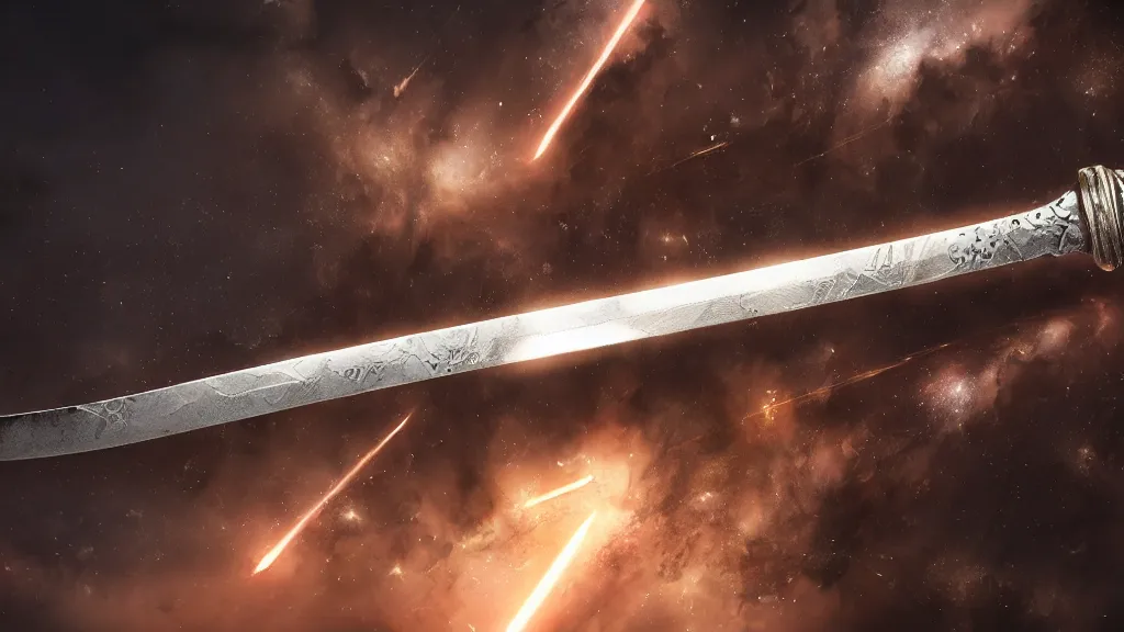 Image similar to broad sword filled with universe, milky way, 3 feet long, cinematic lighting, concept art, inscriptions, hyper detailed, octane render, 4 k, 8 k