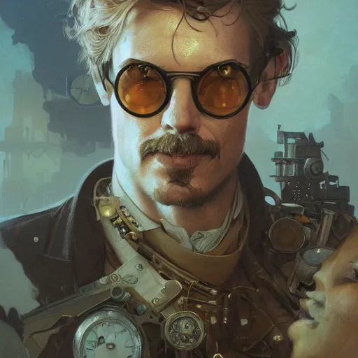 Image similar to Portrait of a steampunk man, science fiction, highly detailed, digital painting, artstation, concept art, illustration, art by Greg Rutkowski and alphonse mucha