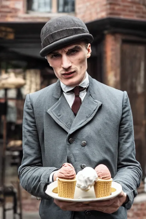 Image similar to thomas shelby selling ice cream