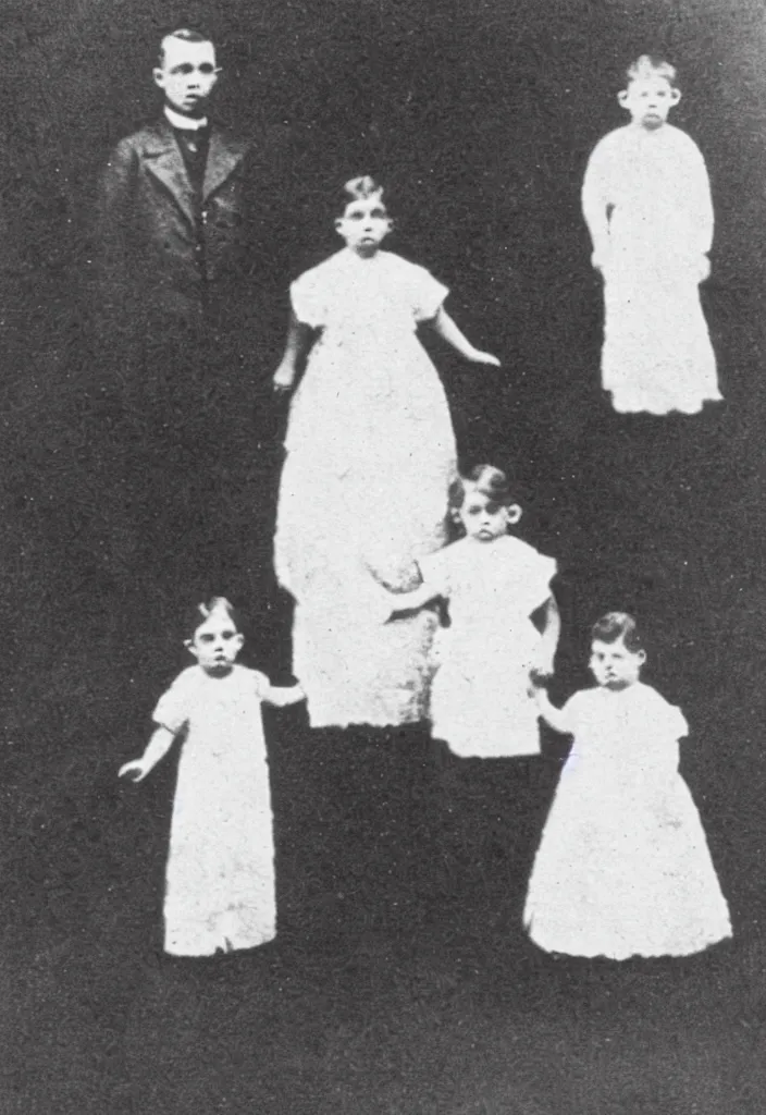 Image similar to photo taken in the 1 9 1 0's, full body view, family pictures with ghost children semi - visible