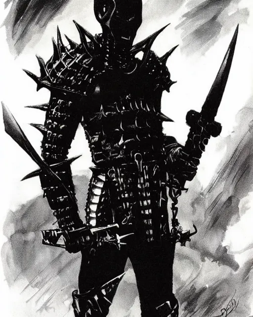 Image similar to portrait of a skinny punk goth tony todd wearing armor by simon bisley, john blance, frank frazetta, fantasy, thief warrior