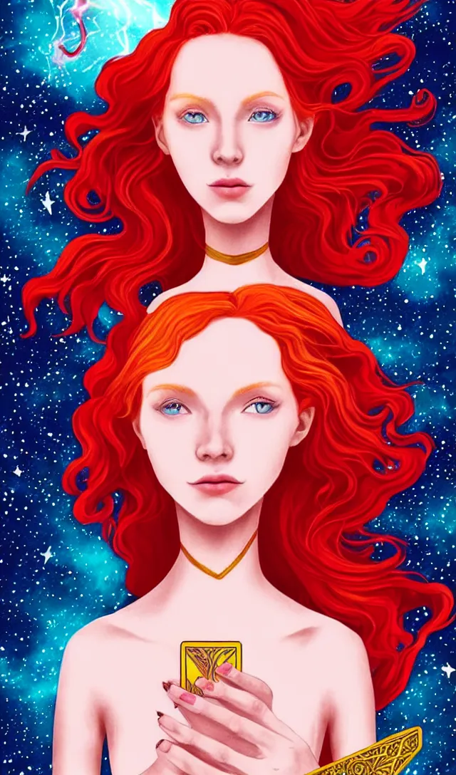 Prompt: tarot card of space astral girl, red hair, ginger hair, fantasy, glowing skin, smooth face, perfect eyes