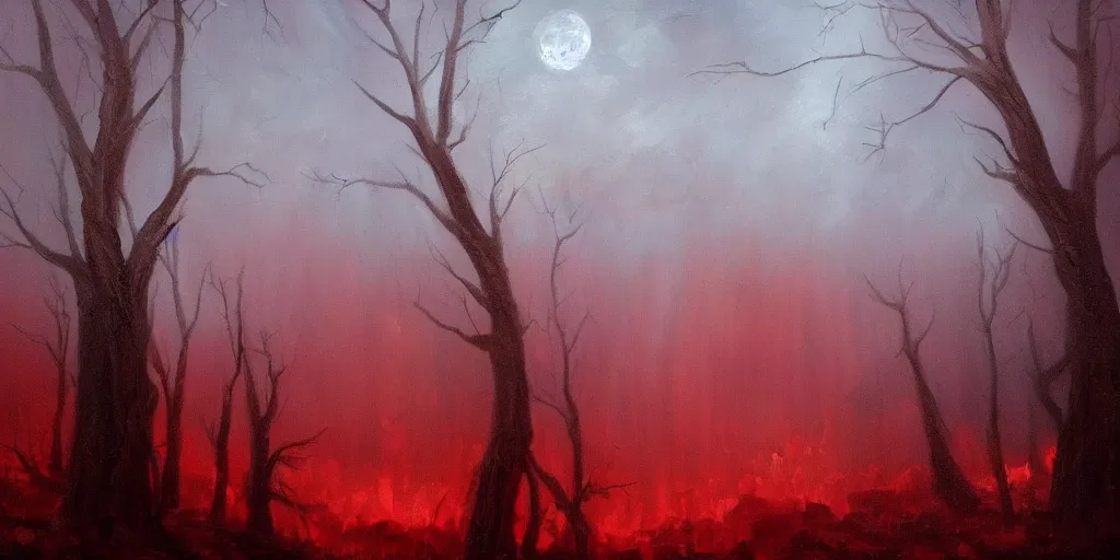 Prompt: a beautiful oil painting of a dark forest under the blood moon, thunderstorm in the sky red lighting gloomy atmospheric