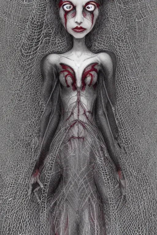 Image similar to full-body portrait of beautiful female grey elf (beautiful, dark grey skin, red eyes, white hair, symmetrical face) wearing a low-cut dress made of spider webs, dark fantasy, D&D, digital art, highly detailed, award winning, concept art, intricate, smooth, sharp focus, art by Greg Rutkowski, art by Ruth Asawa, art by Tim Burton, art by Ted Nasmith, art by H.R. Giger